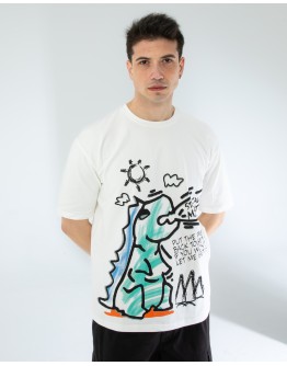 OVERSIZE UNİSEX BASKILI T-SHIRT DINO ECROU