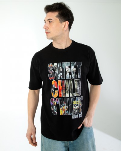 OVERSIZE UNİSEX BASKILI T-SHIRT GUSNROSES BLACK