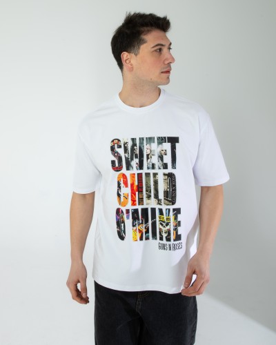 OVERSIZE UNİSEX BASKILI T-SHIRT GUSNROSES WHITE