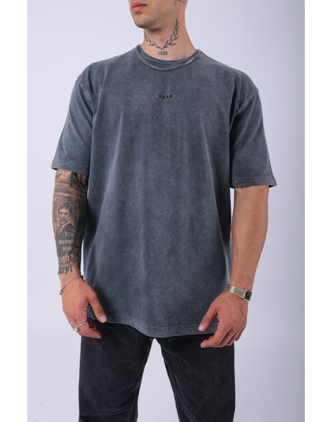 UNISEX "YEAH" NAKIŞLI ÖZEL YIKAMALI OVERSIZE T-SHIRT