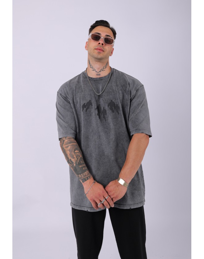 UNISEX NAKIŞLI BASKILI ÖZEL YIKAMALI OVERSIZE T-SHIRT