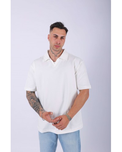 UNISEX POLO YAKA DÜZ EKRU OVERSIZE T-SHIRT