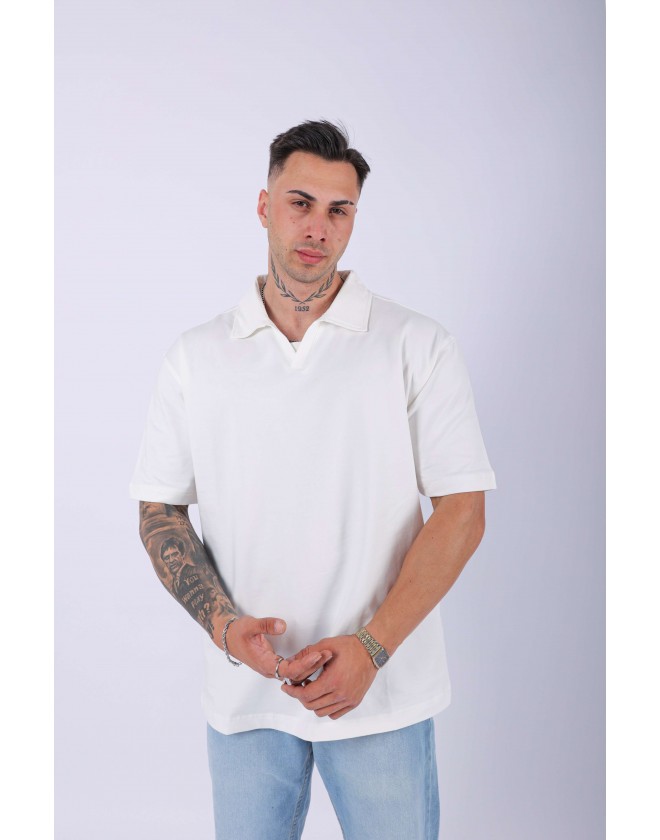 UNISEX POLO YAKA DÜZ EKRU OVERSIZE T-SHIRT