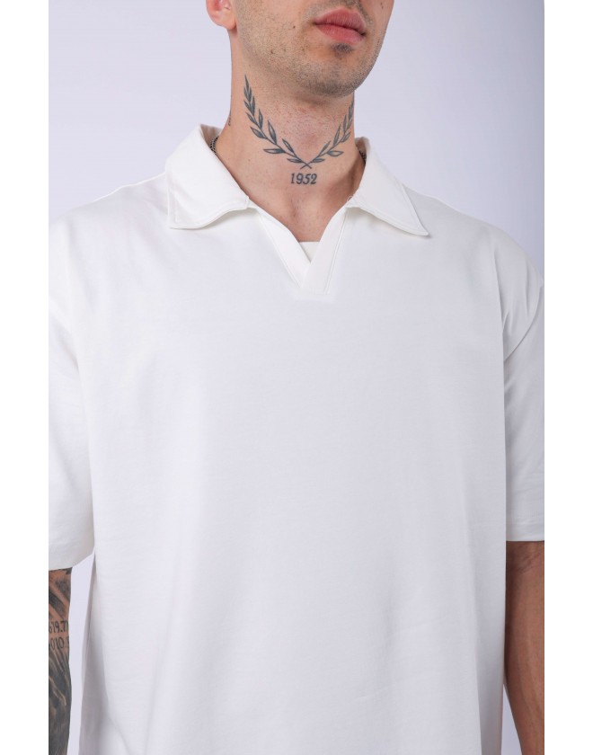 UNISEX POLO YAKA DÜZ EKRU OVERSIZE T-SHIRT