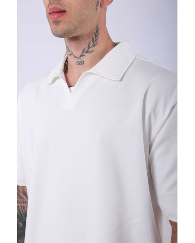 UNISEX POLO YAKA DÜZ EKRU OVERSIZE T-SHIRT