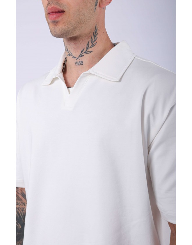 UNISEX POLO YAKA DÜZ EKRU OVERSIZE T-SHIRT