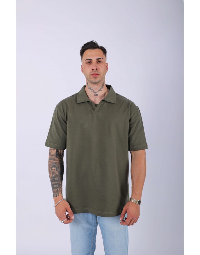 UNISEX POLO YAKA DÜZ HAKİ OVERSIZE T-SHIRT