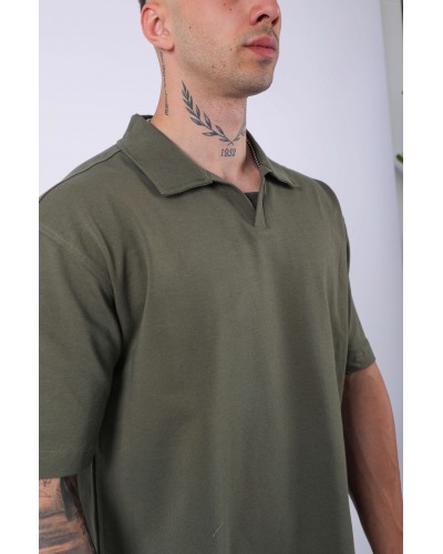 UNISEX POLO YAKA DÜZ HAKİ OVERSIZE T-SHIRT