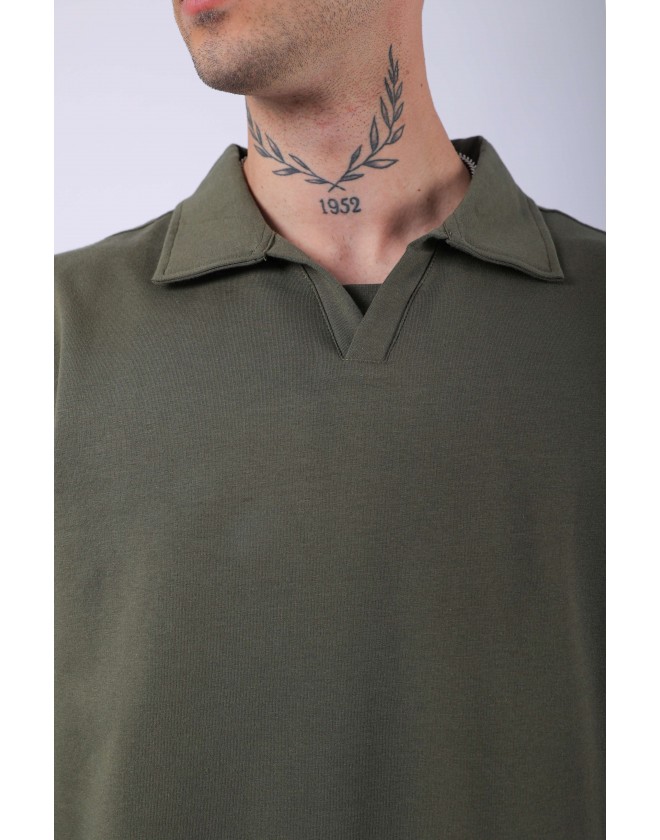 UNISEX POLO YAKA DÜZ HAKİ OVERSIZE T-SHIRT