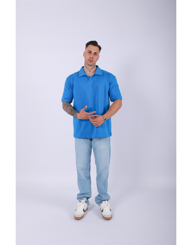 UNISEX POLO YAKA DÜZ MAVİ OVERSIZE T-SHIRT