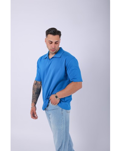 UNISEX POLO YAKA DÜZ MAVİ OVERSIZE T-SHIRT