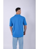 UNISEX POLO YAKA DÜZ MAVİ OVERSIZE T-SHIRT