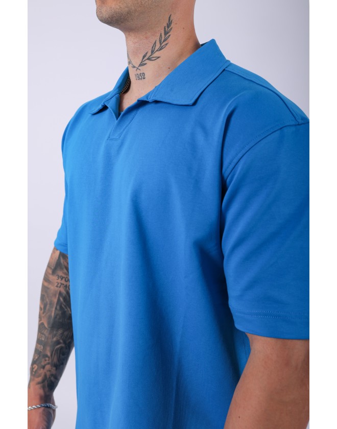 UNISEX POLO YAKA DÜZ MAVİ OVERSIZE T-SHIRT
