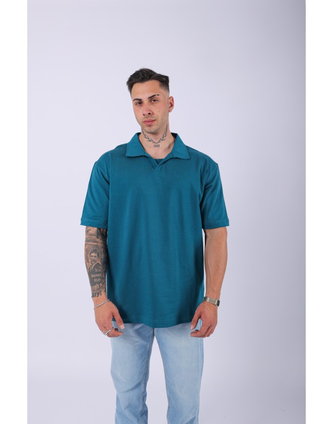 UNISEX POLO YAKA DÜZ PETROL OVERSIZE T-SHIRT